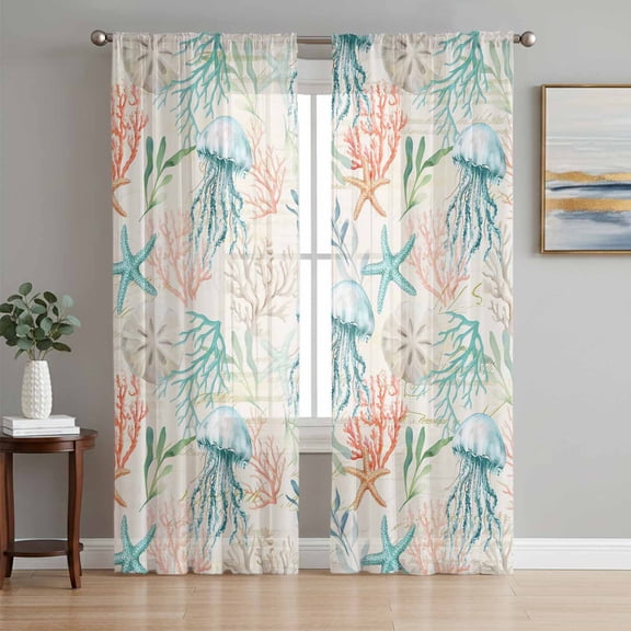 Teal Jellyfish Starfish Sheer Curtains for Living Room Bedroom, Summer Beach Coral Shell Retro Light Filtering Sheer Curtain Rod Pocket Voile Window Treaments Drapes, 52 x 84 Inches