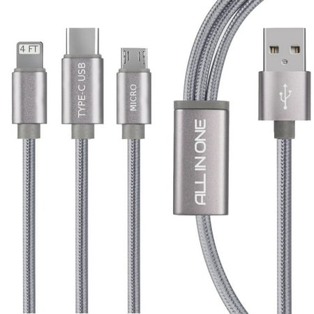 Multi 3 in 1 4ft USB Charger Cable Cord Micro USB Type C® For Uber® and Lyft®