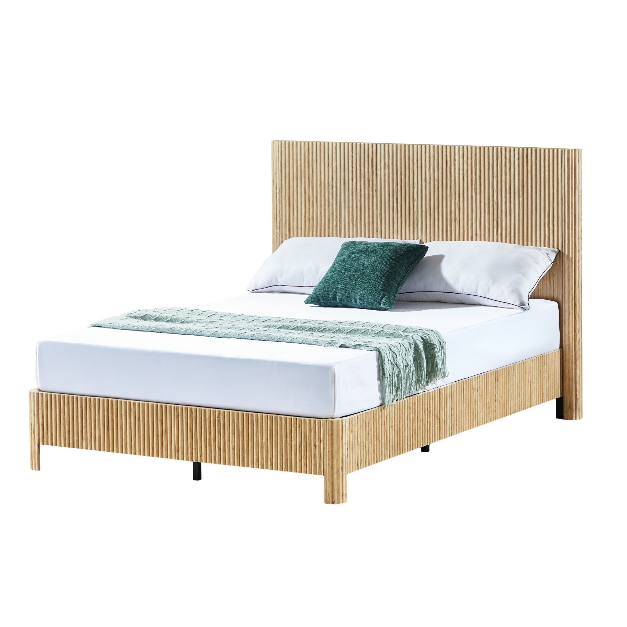 Noble House Solley Full Platform Bed, Rustic Curved Wooden with Corrugated Accents, Heavy-Duty Frame, Oak
