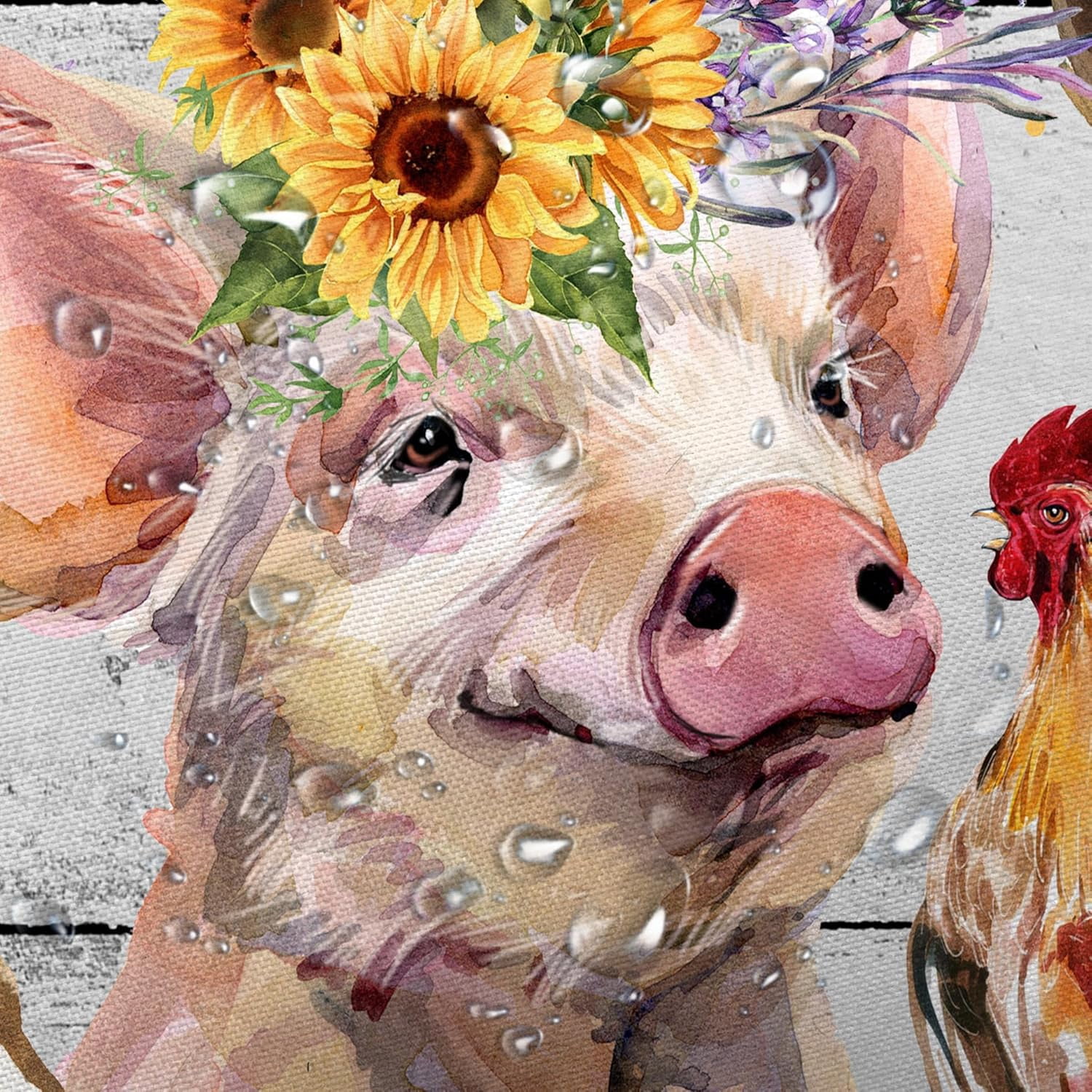Funny Farm Western Wildlife Animals Shower Curtain, Farmhouse Cute Cow Cat Chicken Pig Horse Bathroom Curtain Set, Country Wooden Bath Curtain Fabric Rustic Flower, 72X72in