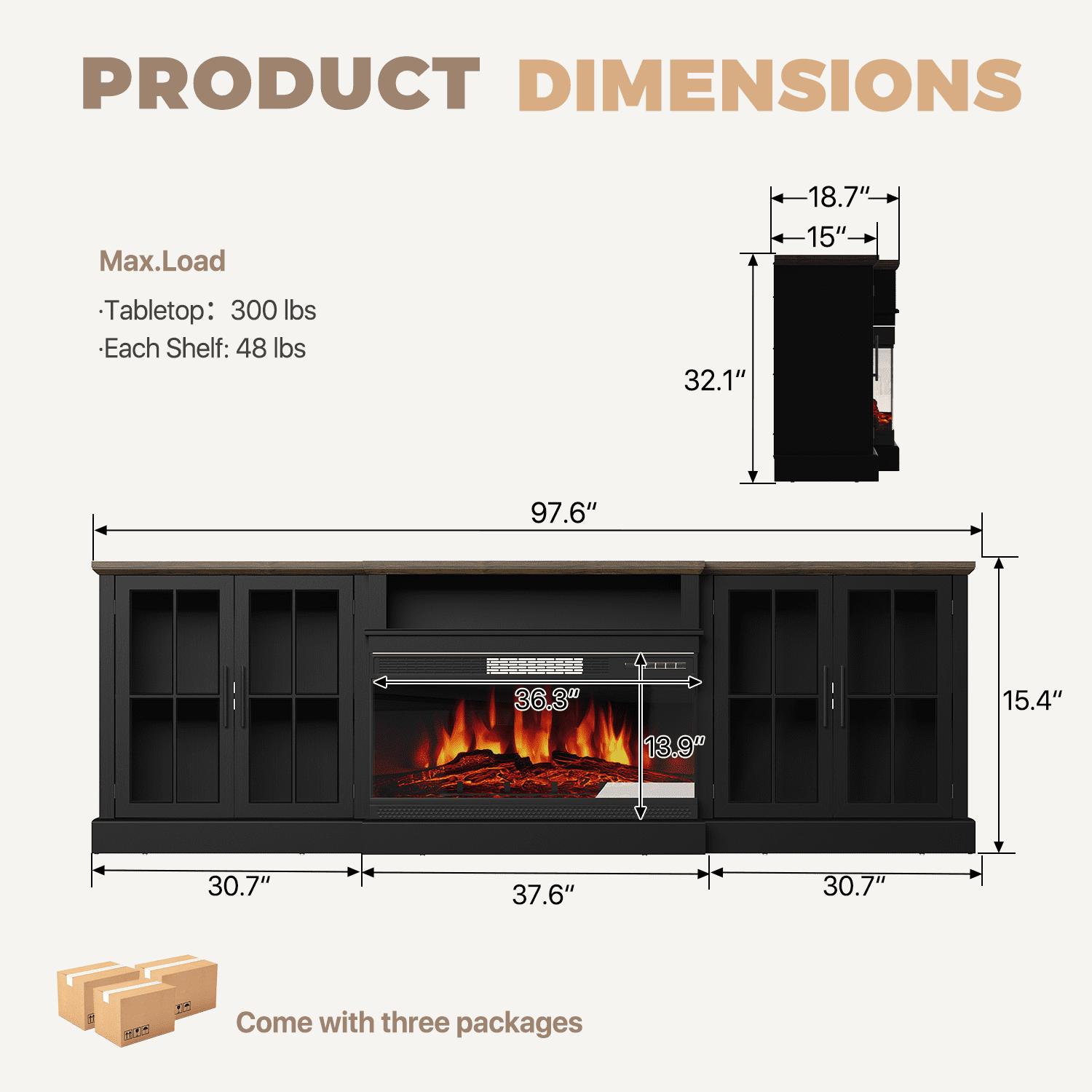 BaPiPro 98" Farmhouse TV Stand with Fireplace for TVs up to 100", Black Fireplace TV Stand Media Entertainment Center with Large Storage Cabinets for Living Room, Black