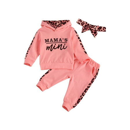 

Liliz Girl’s Letter Hooded Top Leopard Stitching Long Pants and Headband Three Pieces Set