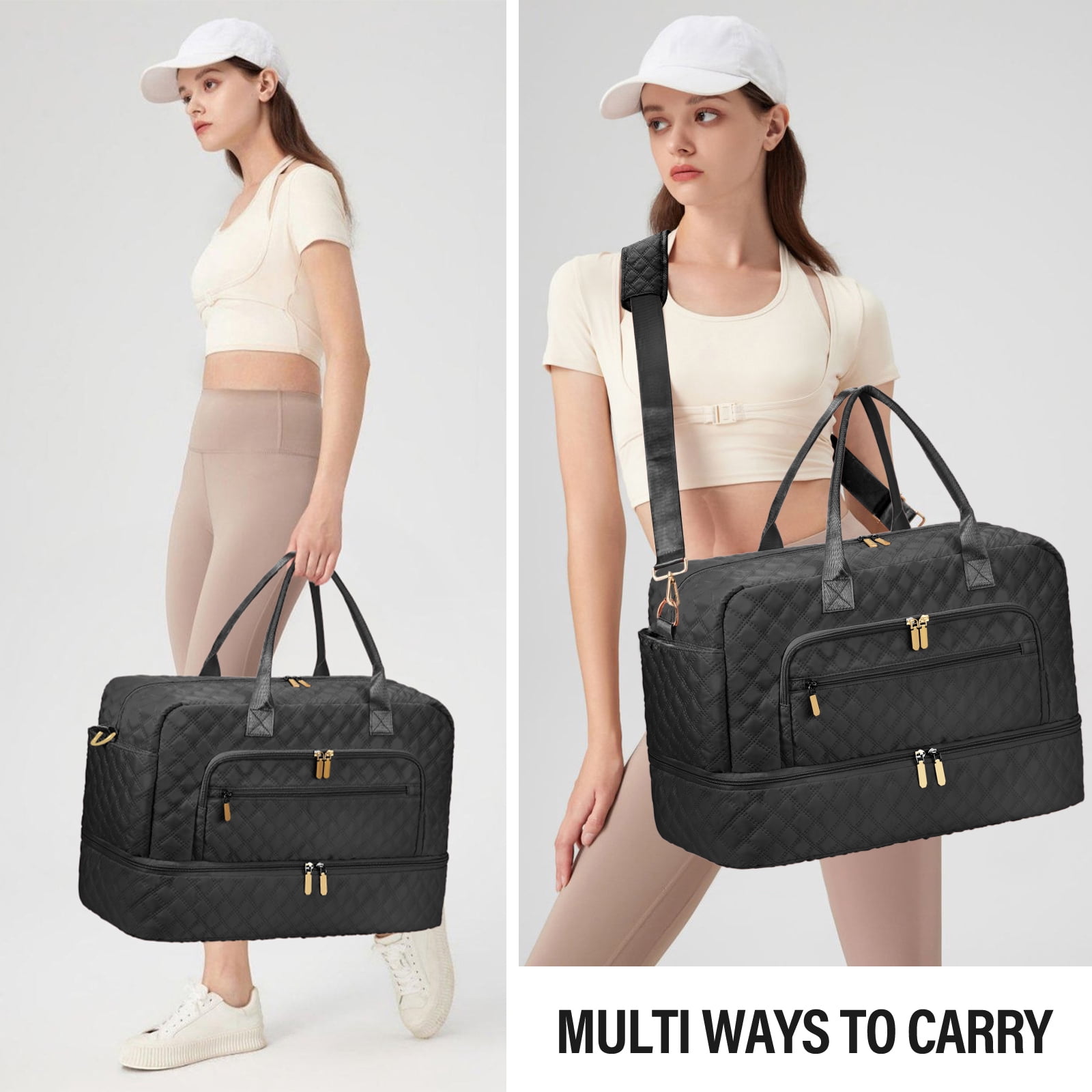 Livhil 2pcs Womens Overnight Bag, Carry on Weekender Bag with Shoe Compartment for Business Trips Sport Hospital, Black
