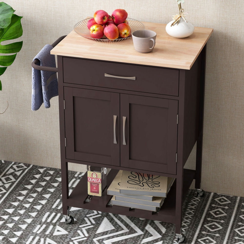 YYAo Kitchen Islands Carts,Rolling Kitchen Island Cart with Drawer and Towel Rack-Brown