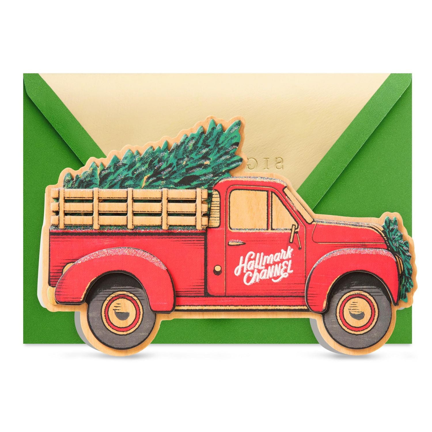 Carte de Noël – Plaquette en bois – Signature de Hallmark (Camionnette rétro rouge de la chaîne Hallmark)