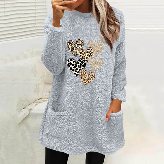 Aimik Womens Fuzzy Fleece Sweatshirt Long Sleeve Graphic Pullover Winter Warm Plush Top Loose Fit Outerwear with Pockets