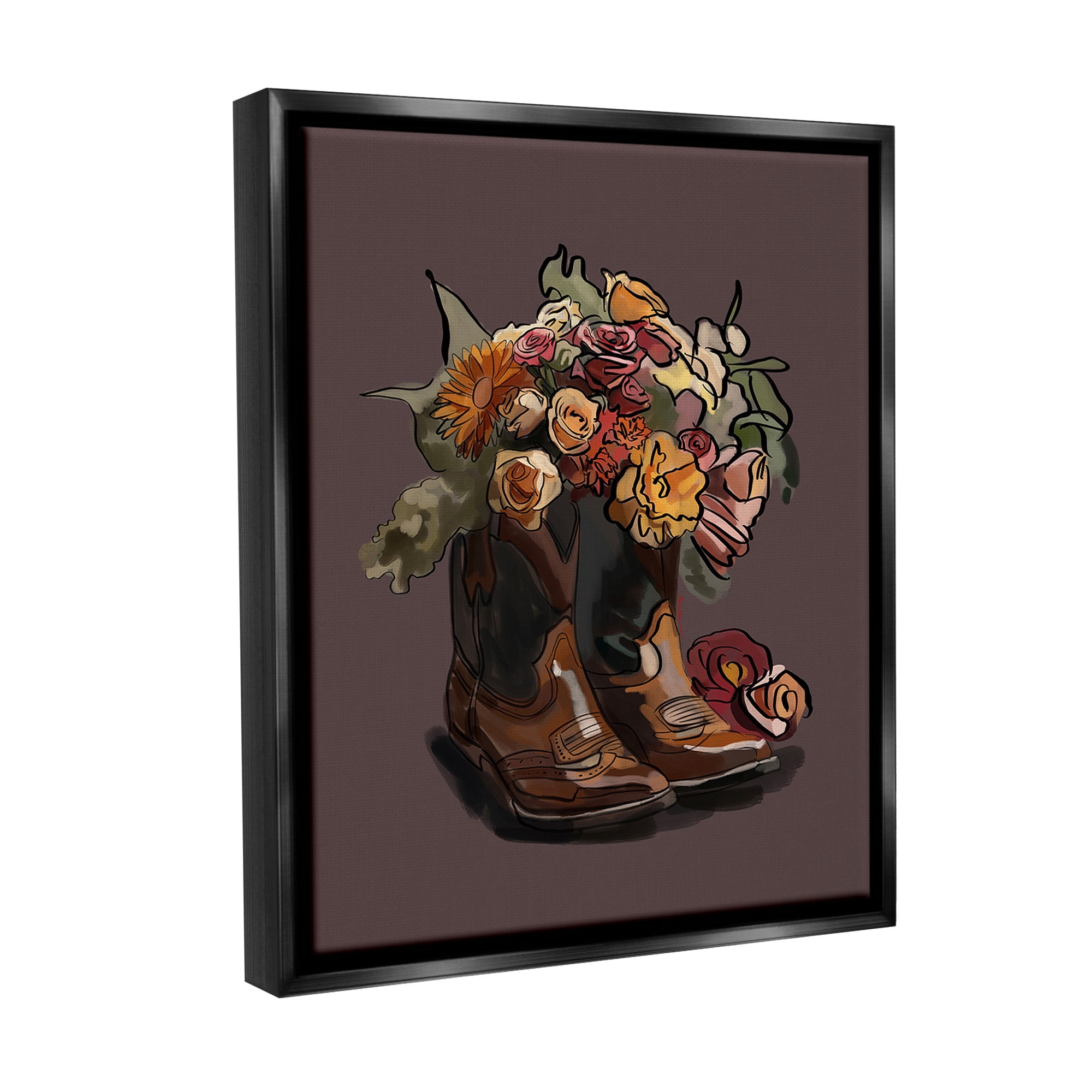 Stupell Industries Modern Floral Boot Bouquet Botanical & Floral Painting Black Floater Framed Canvas Art Print Wall Art, 17 x 21