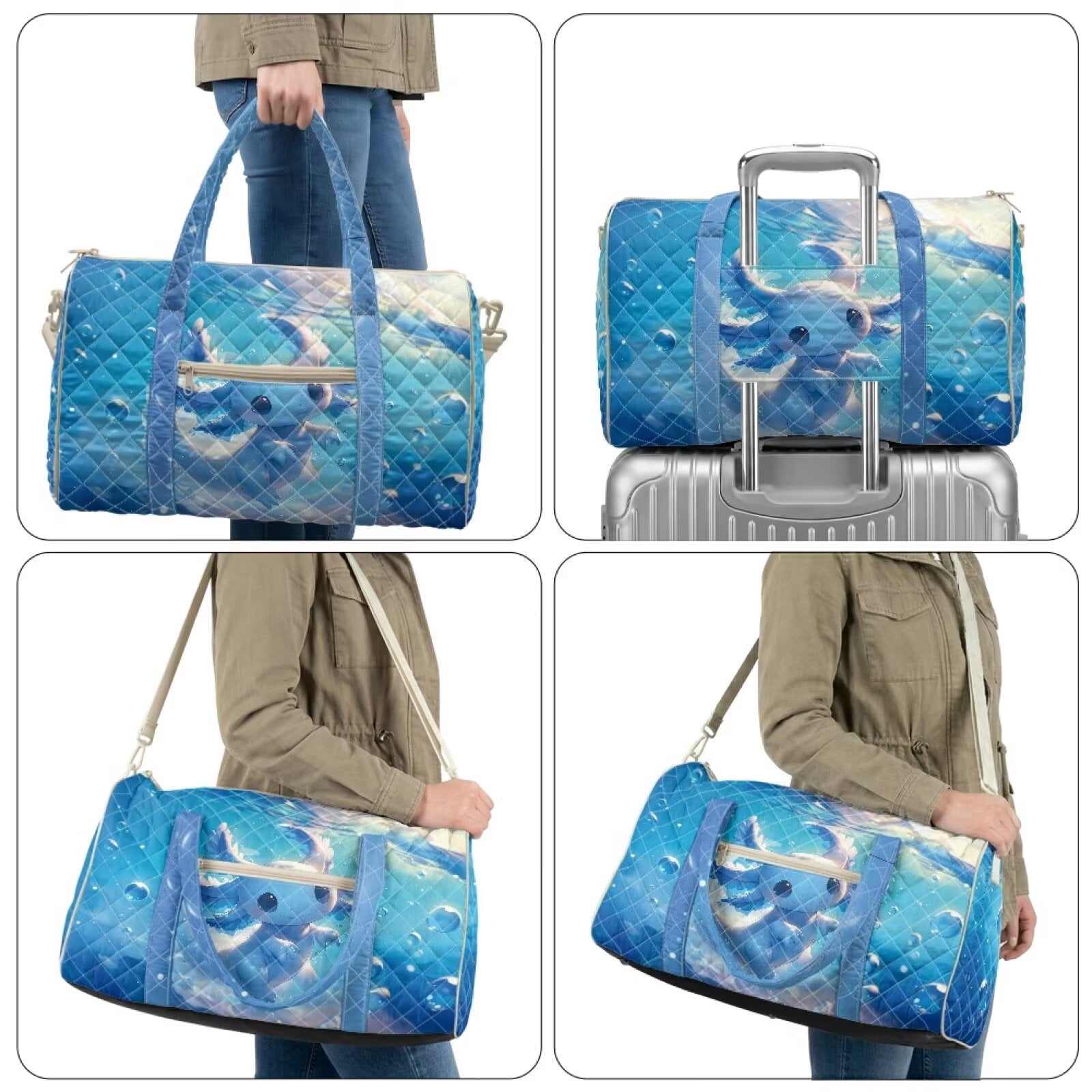 Garronmavis Cute Blue Axolotl Print Large Quilted Duffle Bag for Women, Weekender Travel Bag Carry On Tote Overnight Gym Dance Bag with Zipper Pockets
