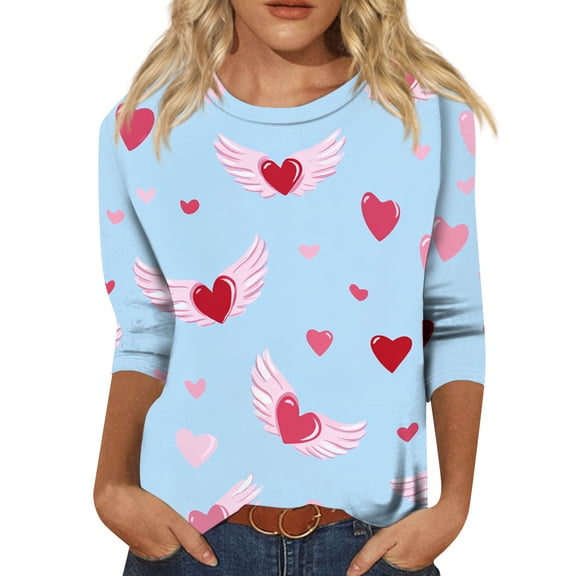 Fgvctg Womens Plus Size Valentine's Day Tops Casual 3/4 Sleeve Crewneck Tops Date Night Pullover Shirts Plus Size Cute Love Heart Print Blouses Gifts for Women Deep Red L