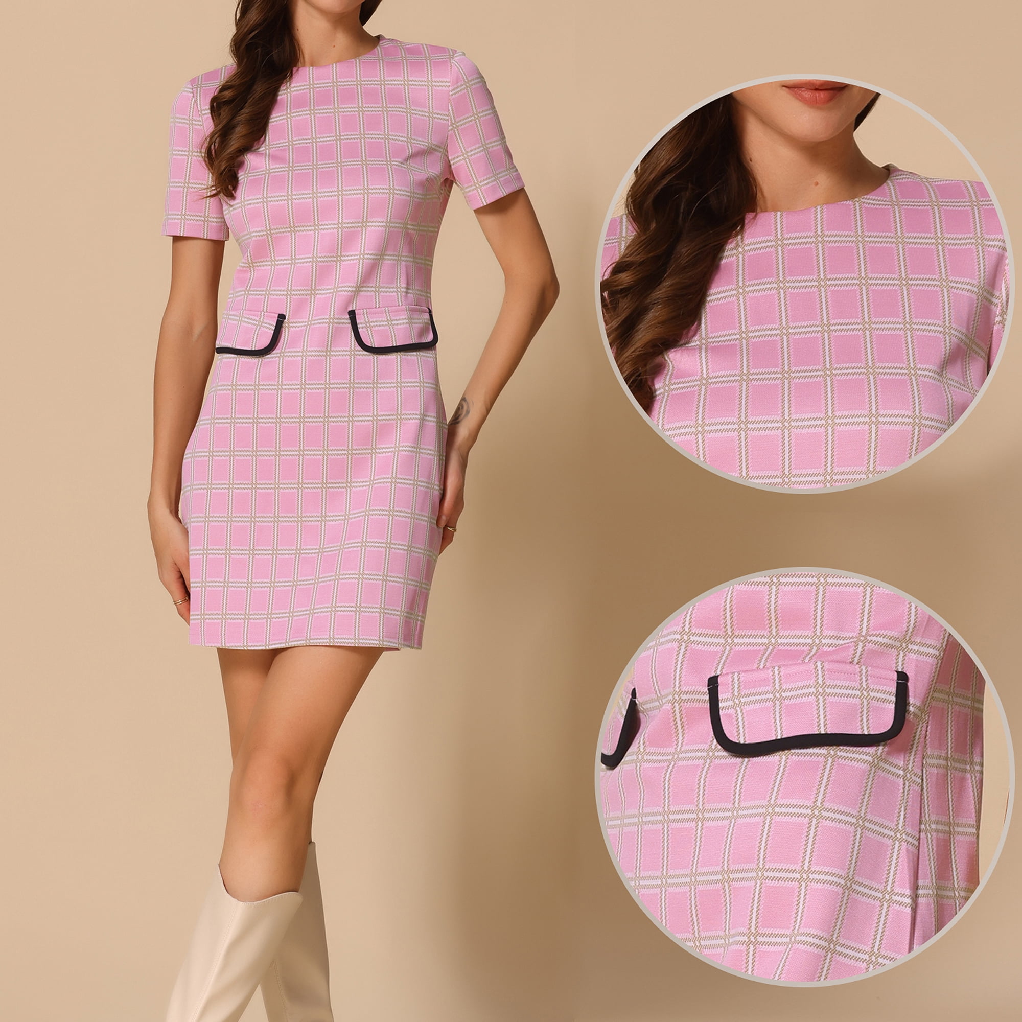 DARING DIVA Women's Dress Short Sleeve Vintage Houndstooth Dresses L Pink