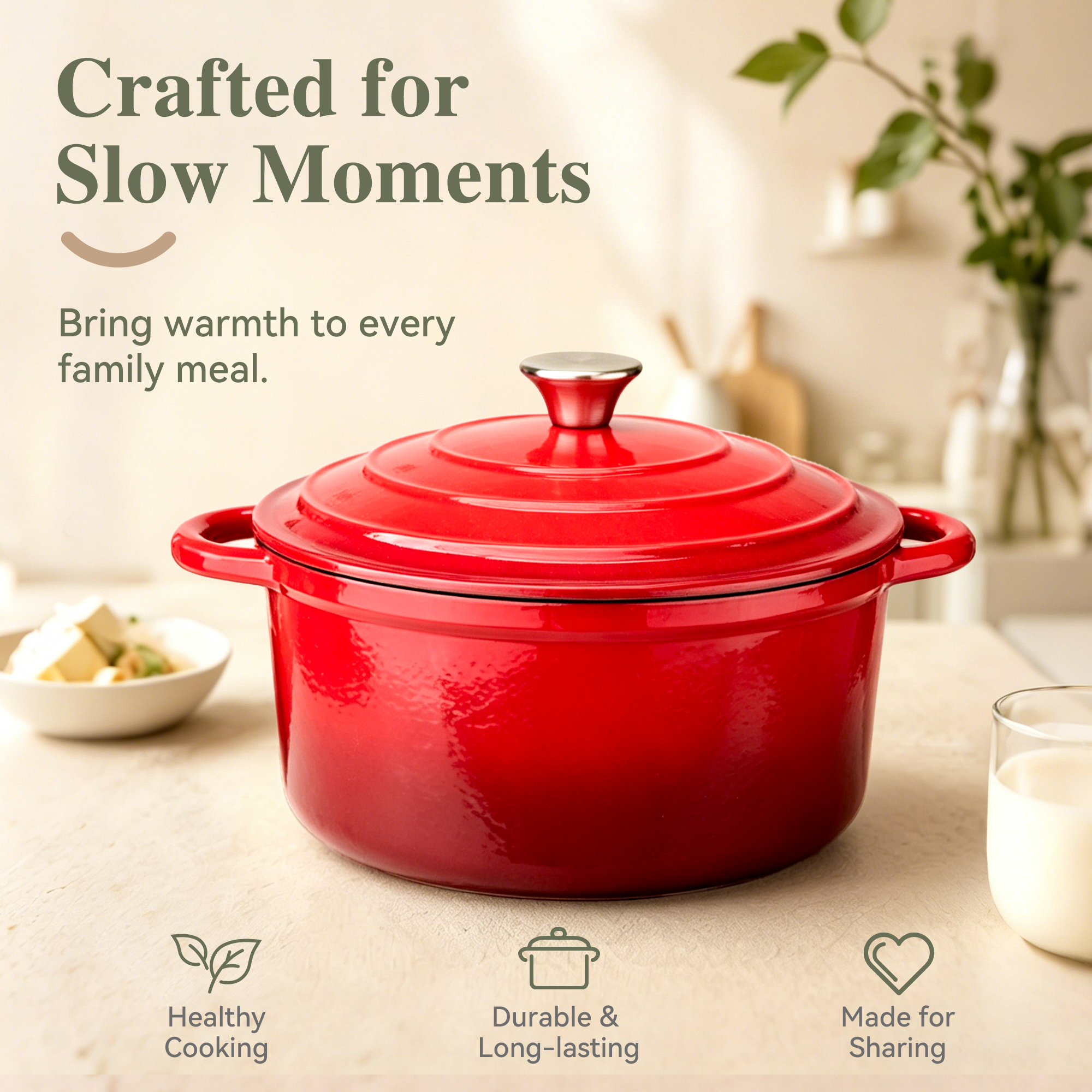 TINANA 5.5-Quart Enameled Cast Iron Dutch Oven, Red photo 5