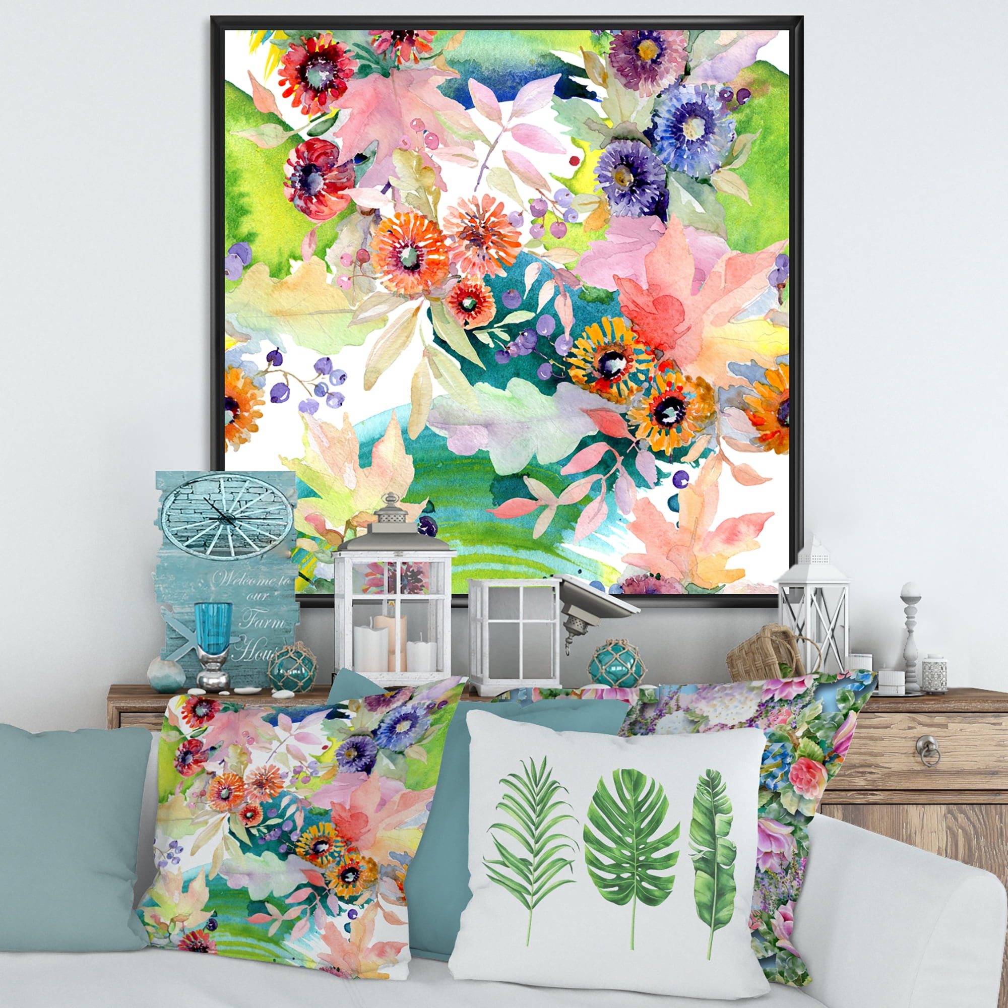 Wildflowers and Vibrant Wild Spring Leaves II 36 in x 36 in Framed Painting Canvas Art Print, by Designart