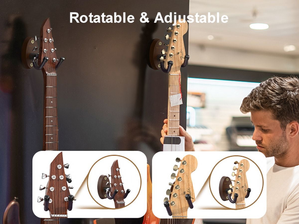 New Bee 2PC Guitar Wall Mount - Sturdy Wood Base & Metal Hook, High Weight Capacity, Anti-Slip V-Shape, Rotatable Adjustable with Soft Rubber - Fits Ukulele/Bass/Mandolin/Banjo (All Sizes)