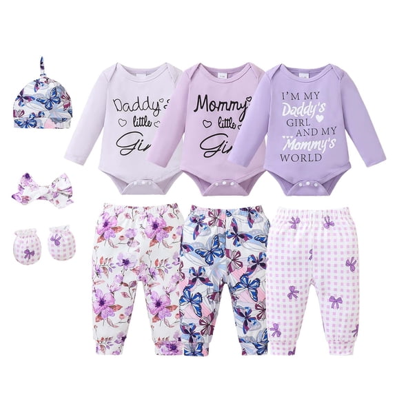 KIMI BEAR Preemie Baby Girl Layette Set Shower Gift Sets 3 Packs Romper Pants Sets Long Sleeves Bodysuit with Hat Headband Gloves 9pcs Clothing Purple