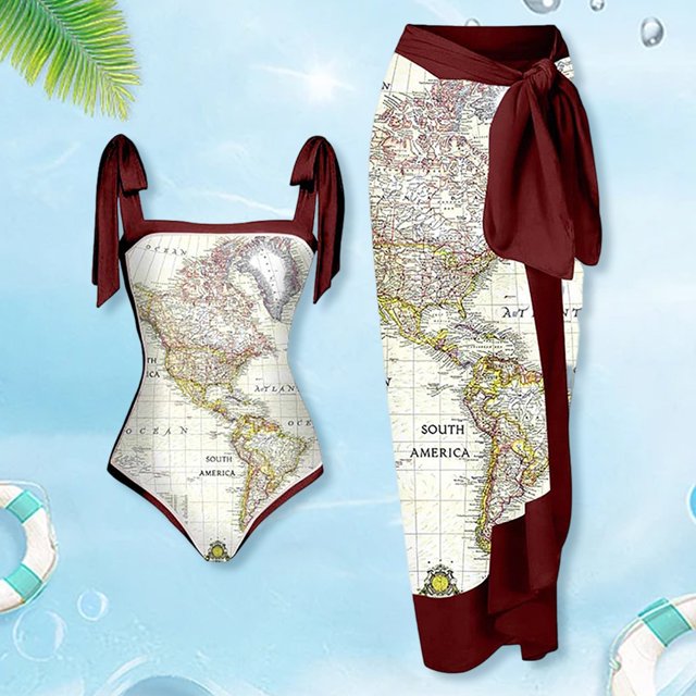 Traje De Baño Damas Traje De Baño Damas 2 piezas de traje de baño de playa para mujer con cordones y vestido para deportes acuáticos (mapa 2XL)