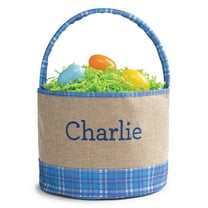 Personalized Blue Plaid Burlap Easter Bucket Bag with Custom Name Embroidery, Blue Letters