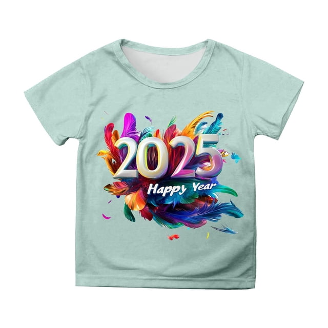 Toimothcn T-Shirts Filles Décontracté 2025 Bonne Année Lettre Imprimée Manches Courtes Col Rond Tee-Shirt Doux Confortable Vêtements d'Été Filles 6-7 Ans