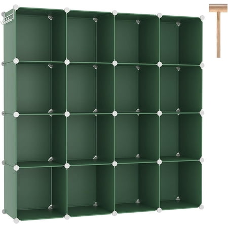 Cube Storage Organizer, 16-Cube Shelves Units, Plastic Storage Cubes, DIY Closet Organizer, Modular Closet Storage Shelves Ideal for Home, Bedroom, 48.4" L × 12.4" W × 48.4" H Green UPCS16GN