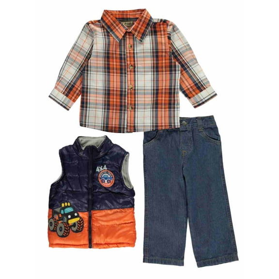 Boyz Wear Infant Boys 3PC Baby Outfit Monster Truck Vest Plaid Shirt & Jeans 18m