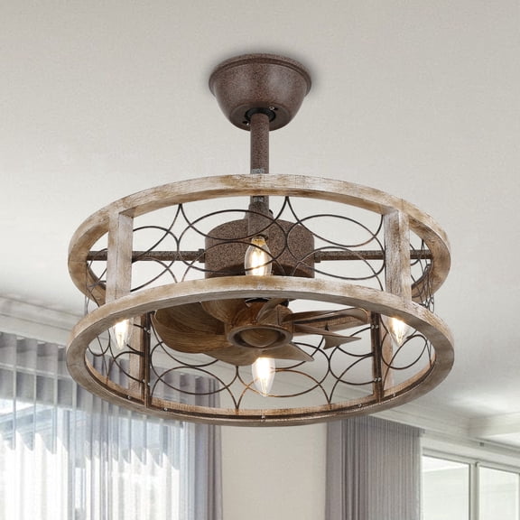 Chords Attic 20" Rustic Caged Ceiling Fan with Light and Remote Control, 4-Light Farmhouse Wood Finish Ceiling Fan Fixture for Bedroom, Living Room