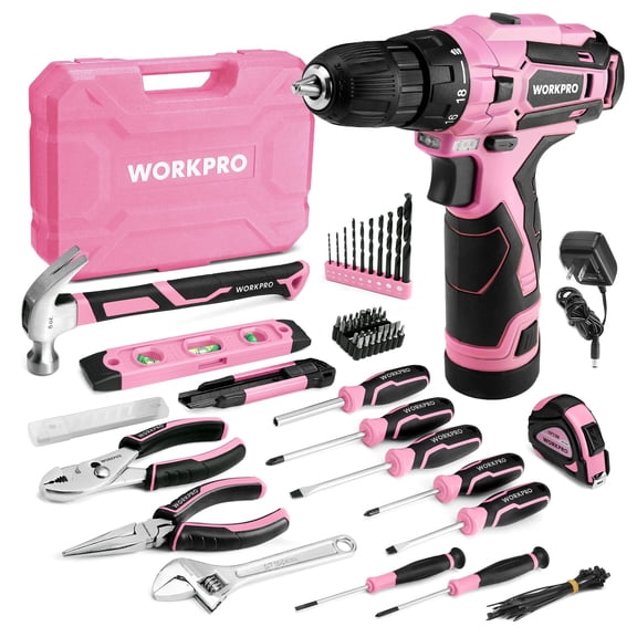 Juego de herramientas WORKPRO Pink con taladro eléctrico, 108 piezas, con caja de herramientas