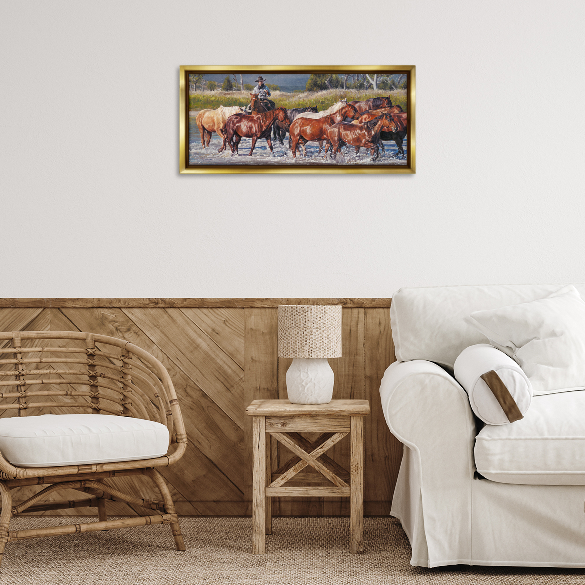 Stupell Industries Crossing The Remuda Animals & Insects Painting Gold Floater Framed Canvas Art Print Wall Art, 25 x 11
