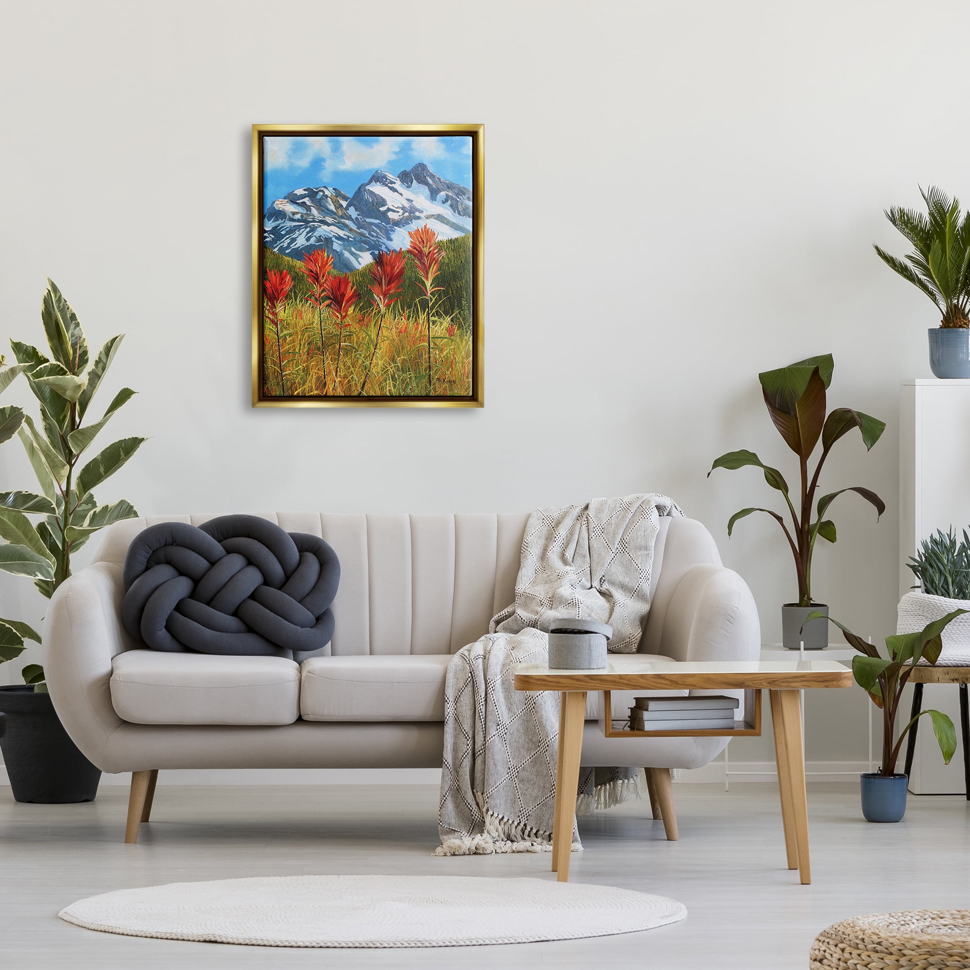 Stupell Industries Alpine Mountain Valley Nature Painting Gold Floater Framed Art Print Wall Art, 25 x 31