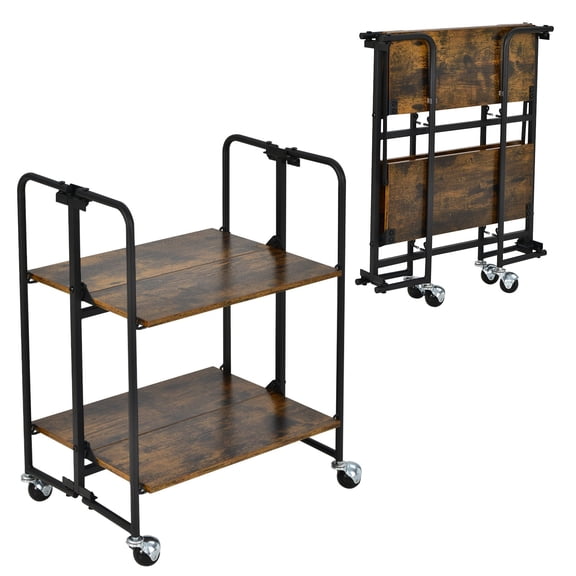 YJETYH Rustic Brown 2-Tier Folding Rolling Cart, 21"x16"x27" Expanded Storage Cart with Lockable Wheels, Engineered Wood & Steel