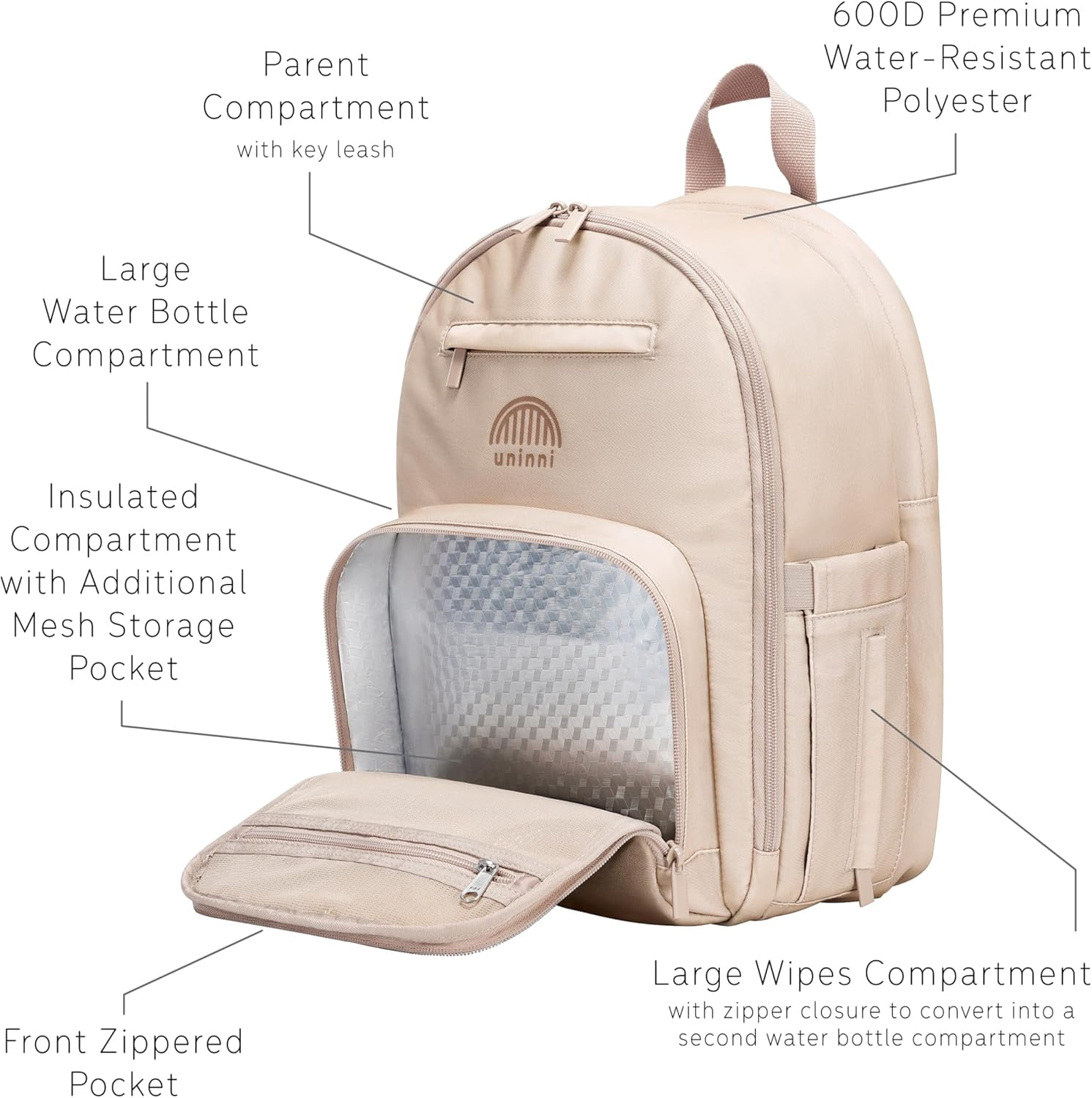 uninni Diaper Baby Bag Backpack for Moms and Dads with Baby Boys and Girls, Portable Changing Pad, Removable Pacifier Case - Camel, 15"