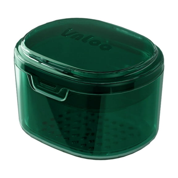 Qocolhg Multipurpose Denture Bath Case with Strainer Basket, Double Layered Denture Holder Cup to Clean and Soak, Orthodontic Retainer Box, False Teeth Container, Green