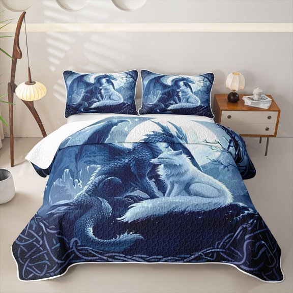 Manfei Fantasy Blue Dragon Animals Twin Quilt Set,Tree Flower Moon Twin Coverlet Set,Navy,2-Piece,1 Bedspread and 1 Pillowcase