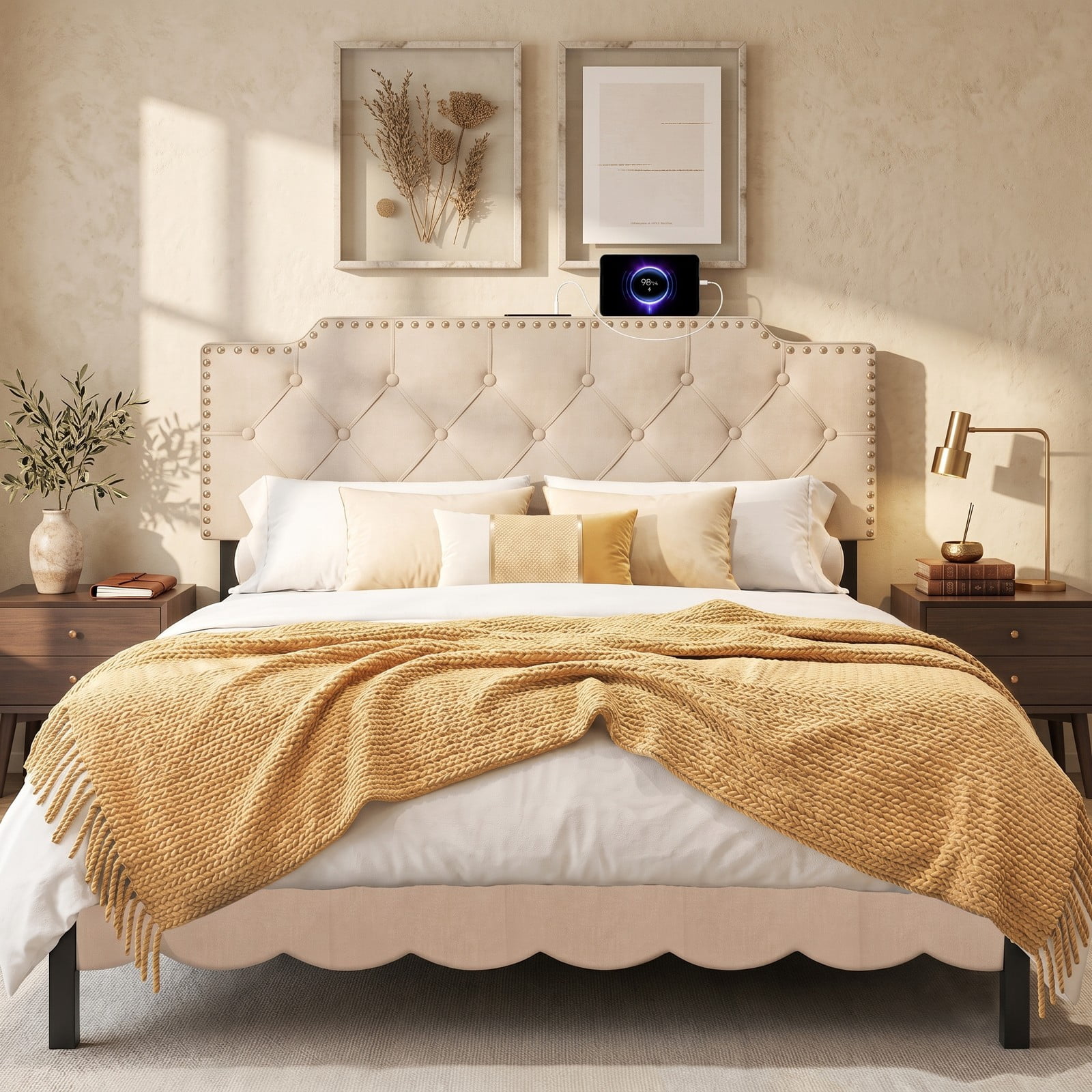 Furnibear Nailhead Trim Tufted Upholstered Headboard with 2 AC Outlets and USB and Type-C Ports for Full and Queen Beds, Beige