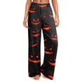 thumbnail image 3 of Halloween Wide Leg Pants for Women, Button Closure Trousers with Gradient Pumpkin & Bat Print, High Waist Loose Fit Streetwear Bottoms with Pockets, 1 Pc Deep Red S, 3 of 6