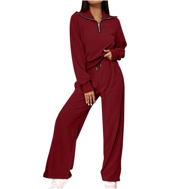 PEZHADA Fall Savings Women Two Piece Outfits Tracksuit Half Zip Lapel Long Sleeve Sweatshirt High Waist Drawstring Pants Set Sweatsuit Red