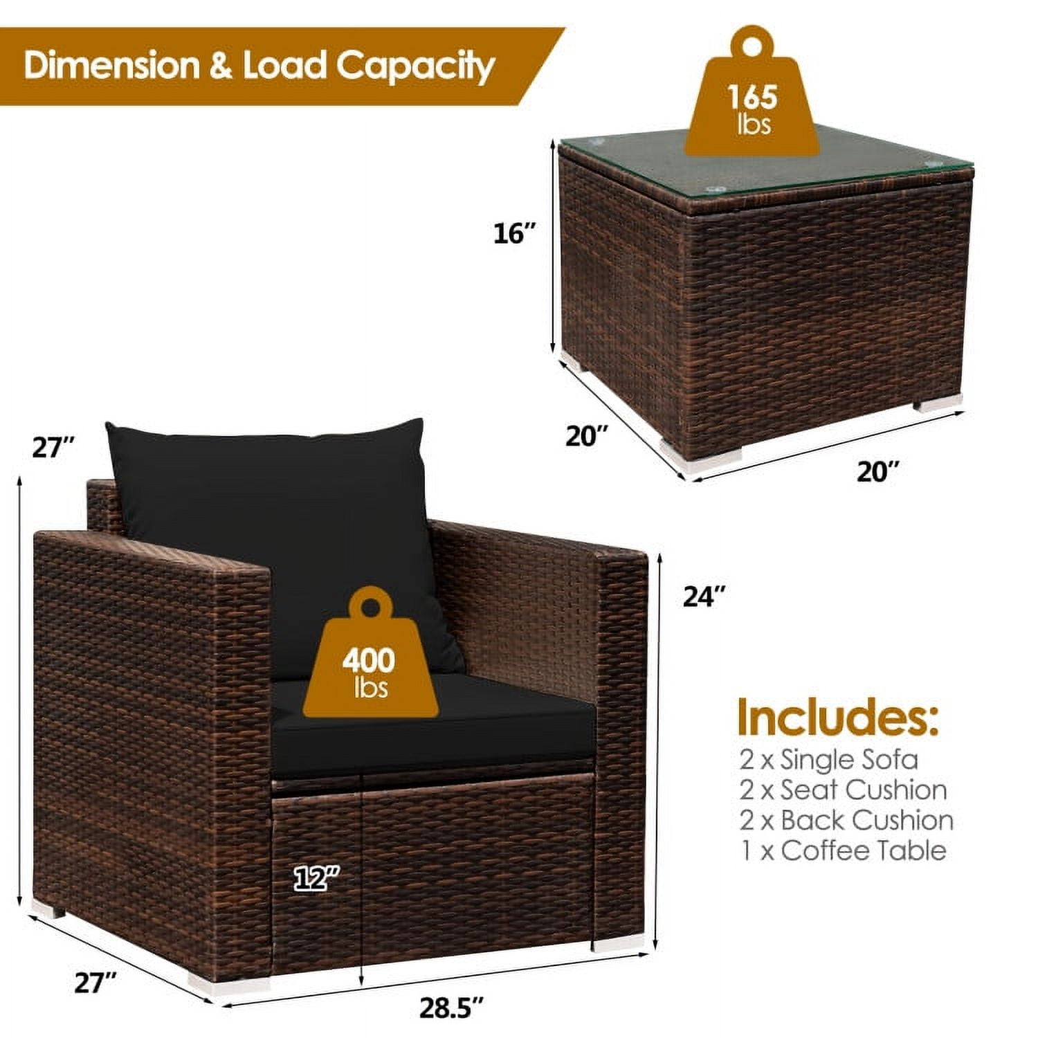 Aimee Lii 3 Pieces Patio Rattan Furniture Bistro Sofa Set with Cushioned, Modern Patio Furniture, Black Aimee Lii 3 Pieces Patio Rattan Furniture Bistro Sofa Set with Cushioned, Modern Patio Furniture, Black