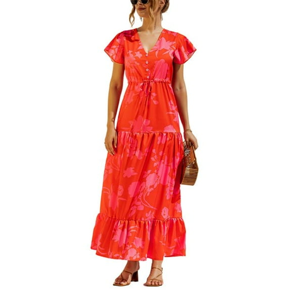 Uhndy Women Boho Beach Dress Short Sleeve V-Neck Vintage Fashion Empire Waist Floral Printed Tiered Maxi Dress rose S