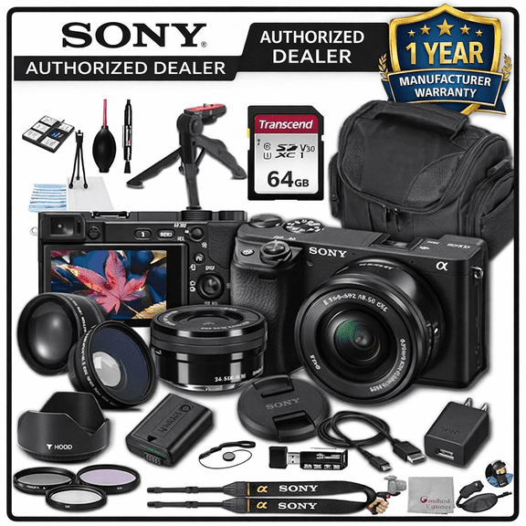 Sony A6400 Mirrorless Camera with 16-50mm Lens 64GB Memory, Wide and Telephoto Lenses, Case. Filters Hood, Grip, & More-Pro Bundle