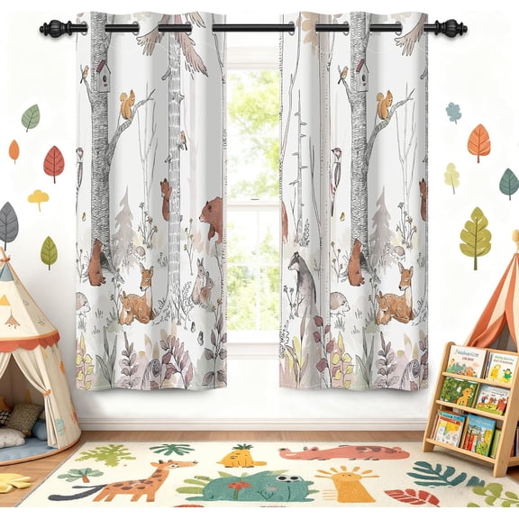 Kids Blackout Curtains for Nursery, Boy''s Woodland Animal Print Curtains for Bedroom, Cartoon Room Darkening Window Drapes 2 Panels Set, White, 42W x 63L