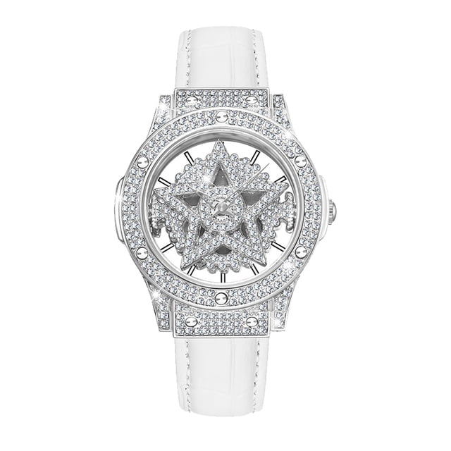 Minnieouse Reloj de Charm Rhinestone Brillante Pentagram Accesorio Relojes con banda de cuero Fashion Lady Mature Decorativo Relojes Blanco