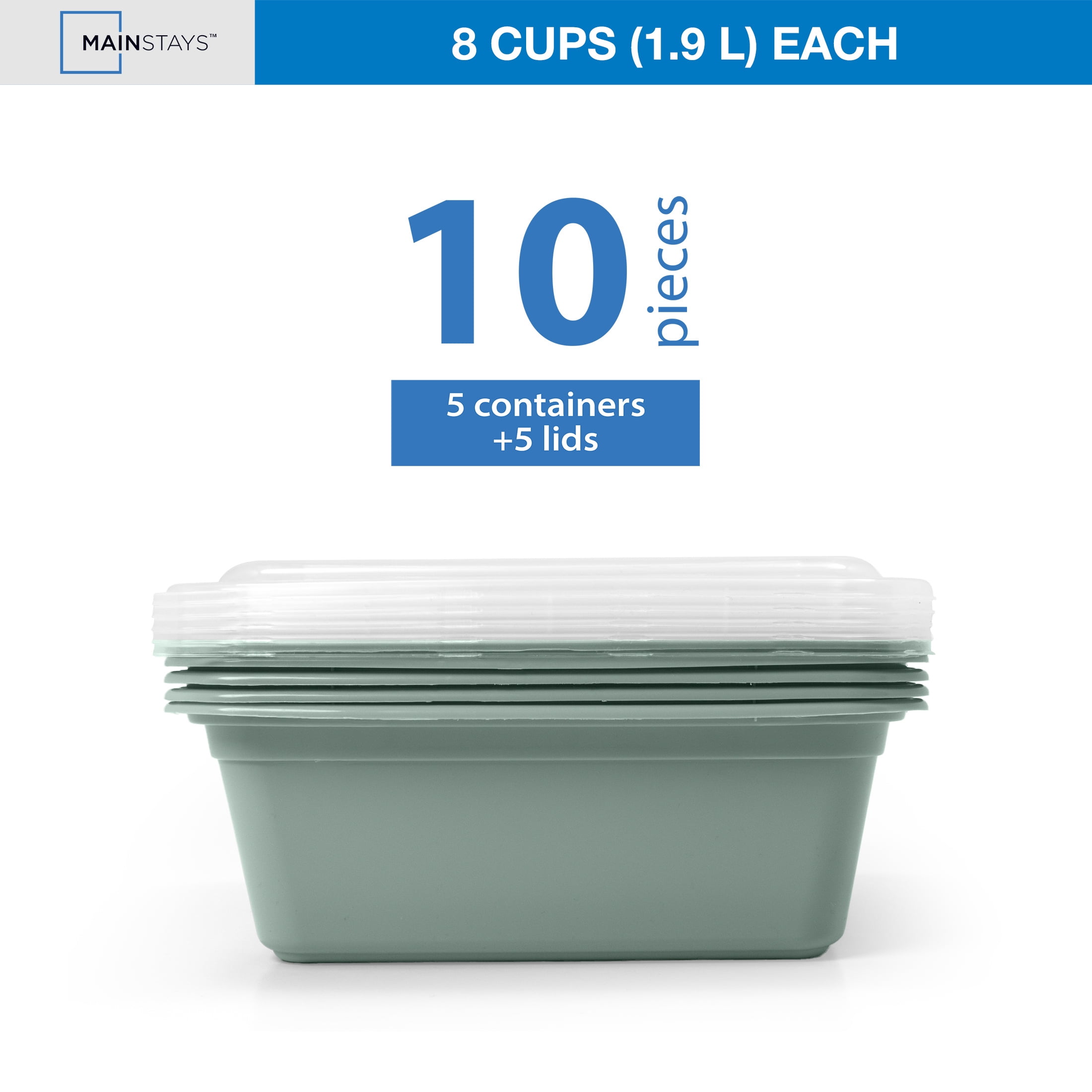Mainstays 5-Pack Tall Square BPA-Free Plastic Meal Prep Food Storage Containers, 1.9L, Green Sage