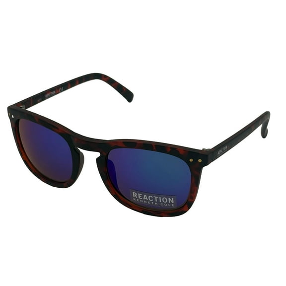 Kenneth Cole Reaction Mens Square Matte Tortoise Plastic Sunglass,  Blue Flash Lens KC1306. 52X