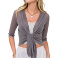 thumbnail image 2 of AHMOMEI Women’s Shimmer Sheer Mesh Tie-Front Shrug, 3/4 Sleeve Open Front Cropped Cover Up, Lightweight Knit Cardigan for Summer Gray L, 2 of 6