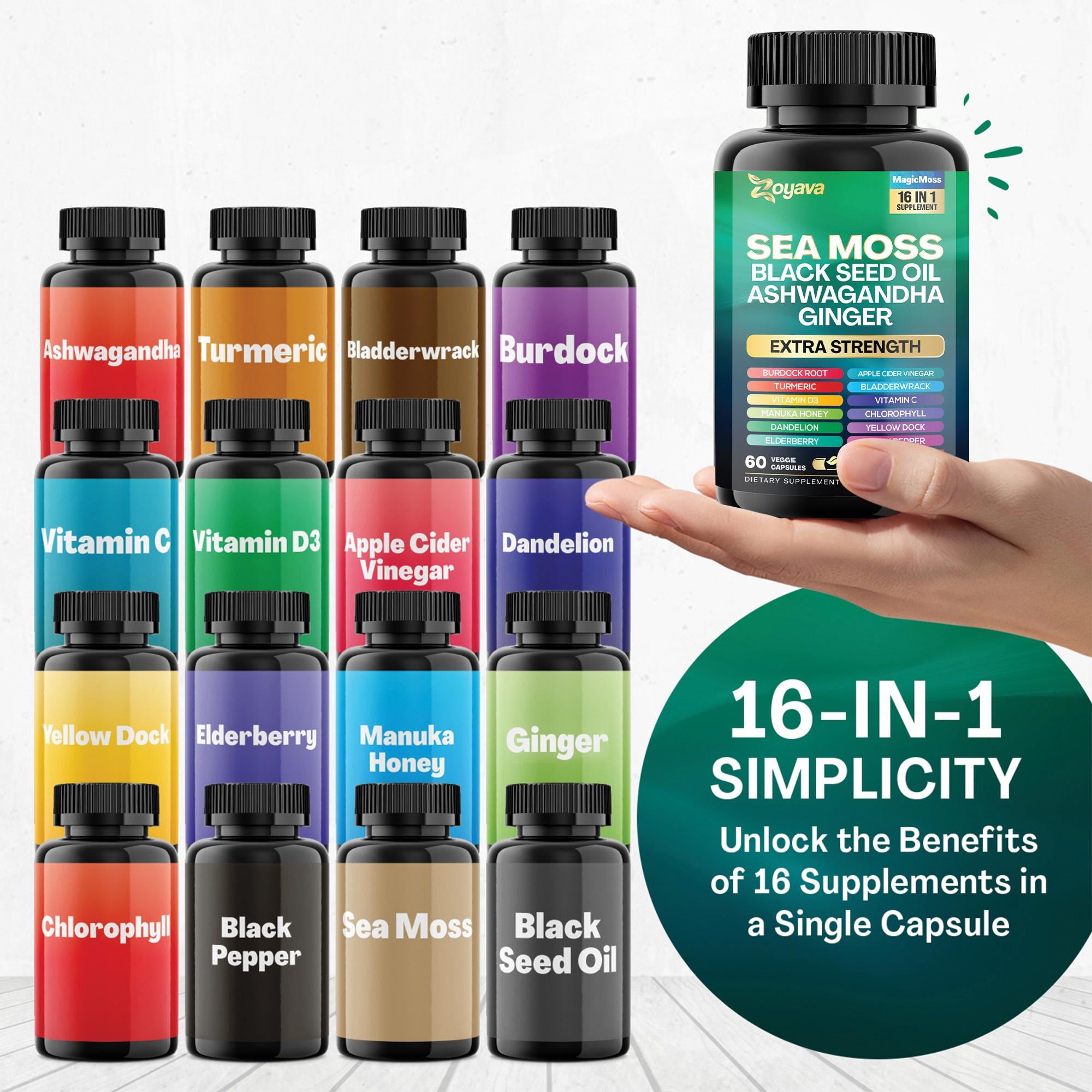 Ultimate Wellness Trio: Sea Moss, Shilajit, Collagen with Black Seed Oil, Ashwagandha, Turmeric, Bladderwrack, Burdock, Ginger, Vitamin C/D3, Elderberry, Dandelion, Yellow Dock, Chlorophyll, Rhodiola