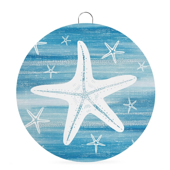 Welcome Sign for Front Door, Blue Starfish Round Metal Wall Art Wreaths, Coastal Beach Summer Ocean Nautical Gradient Outdoor Indoor Wall Hanging Sign for Porch Decor Housewarming Gifts 7.9 Inch