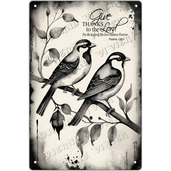 Birds Decor Give Thanks to The Lord for He is Good; His Love Endures Forever. Psalms 136:1 Metal Signs Vintage Aluminum Sign Decorative Outdoor Backyard Decor, Metal Wall Sign 12x8 inch