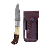TheBoneEdge 6.5"" Damascus Blade Folding Knife Bone & Wood Handle Steel Bolster With Pouch