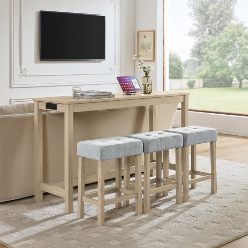 Dtwnek 59 Inch Sofa Table with Power Outlet, Dining Table with 3 Pack Upholstered Stools, Bar Table Chair Set for Living Room, Dining Room, Light Brown