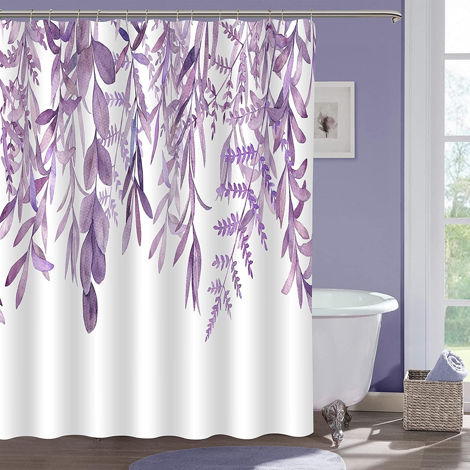 Purple Shower Curtain Set, Spring Lavender Eucalyptus Plant Leaves