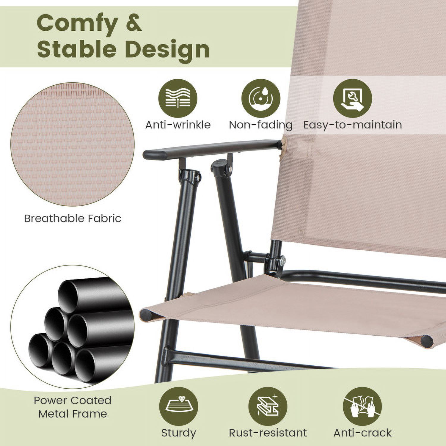 Aimee Lii Set of 2 Patio Folding Bar-Height Chairs with Armrests and Quick-Drying Seat, Outdoor Patio Furniture, Beige Aimee Lii Set of 2 Patio Folding Bar-Height Chairs with Armrests and Quick-Drying Seat, Outdoor Patio Furniture, Beige