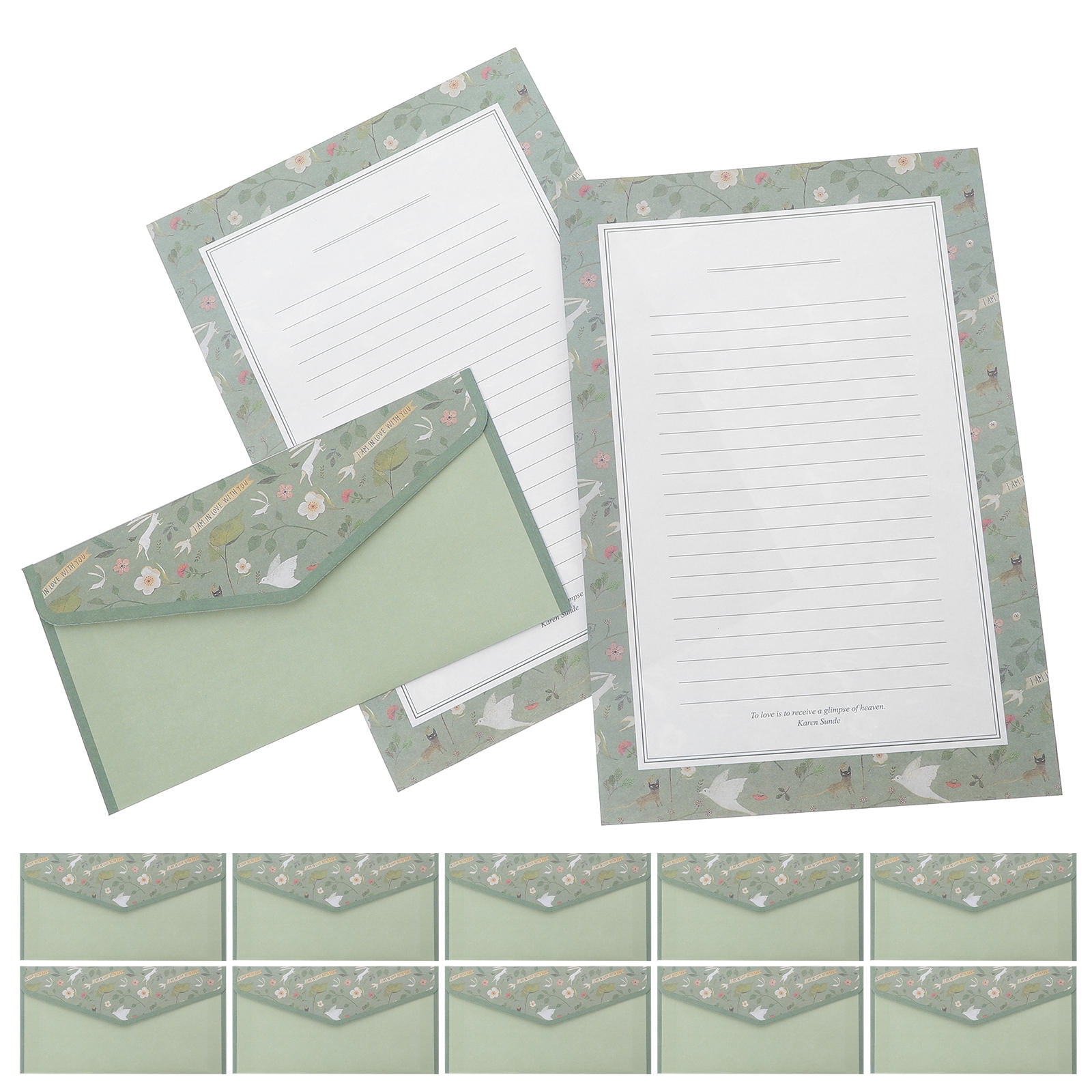 DINHEAROM Vintage Floral Lined Stationery Writing Paper and Envelopes Set Light Green for Wedding 2Sets